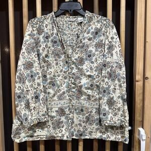 Quizz Woman Shirt Womens 20W Green Brown Floral Button Front Boho Blouse Top